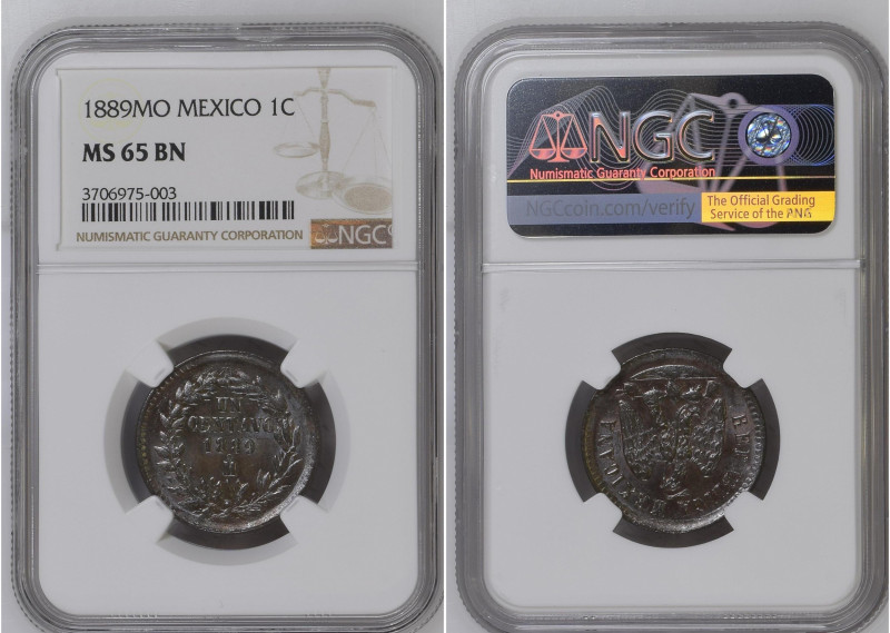 Mexico 1889 MO 1 Centavo Graded MS 65 BN by NGC. Only 8 coins graded higher by N...