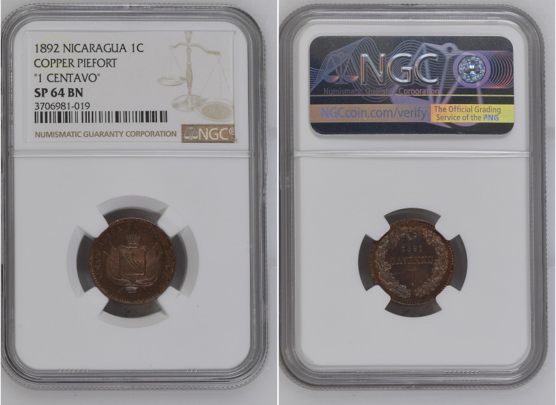 Nicaragua 1892 1 Centavo Copper Piefort ""1 Centavo"" Graded SP 64 BN by NGC. Hi...