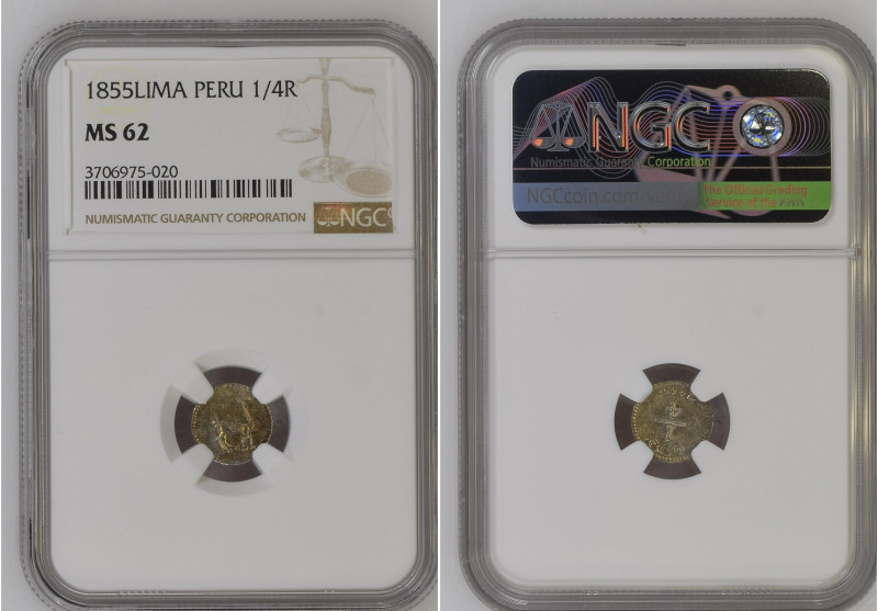 Peru 1855 LIMA 1/4 Real Graded MS 62 by NGC. Only 12 coins graded higher by NGC.