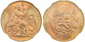 Peru 1966 G 100 Soles Seated Liberty Graded MS 66 by NGC. Only 1 coins graded higher by NGC. KM-231

Weight is 1.3543 OZ