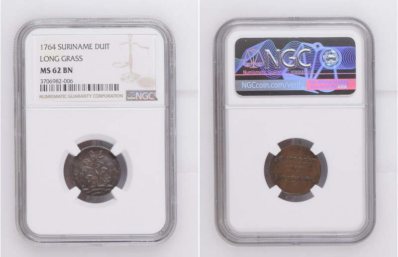 Suriname 1764 DUIT Long Grass Graded MS 62 BN by NGC. Only 4 coins graded higher...