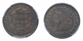 United States, 1809/6, 1/2 Cent, 9 over inverted 9, graded XF 45 Brown by PCGS