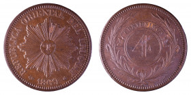 Uruguay 1869A Sunface design 4 Centesimos (KM; 13) nice AU with trace of red lustre, dig to digit 4 on reverse