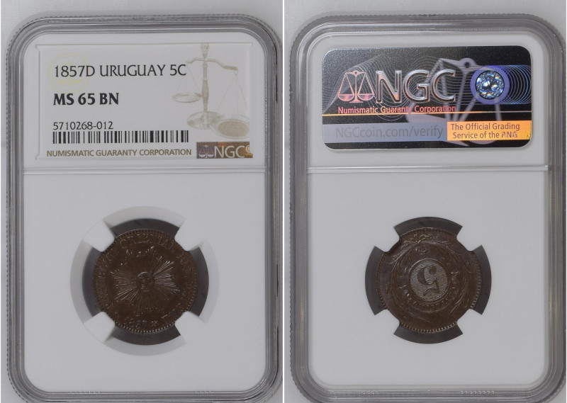 Uruguay 1857 D 5 Centesimos Graded MS 65 BN by NGC. Only 1 coins graded higher b...