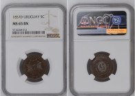 Uruguay 1857 D 5 Centesimos Graded MS 65 BN by NGC. Only 1 coins graded higher by NGC.