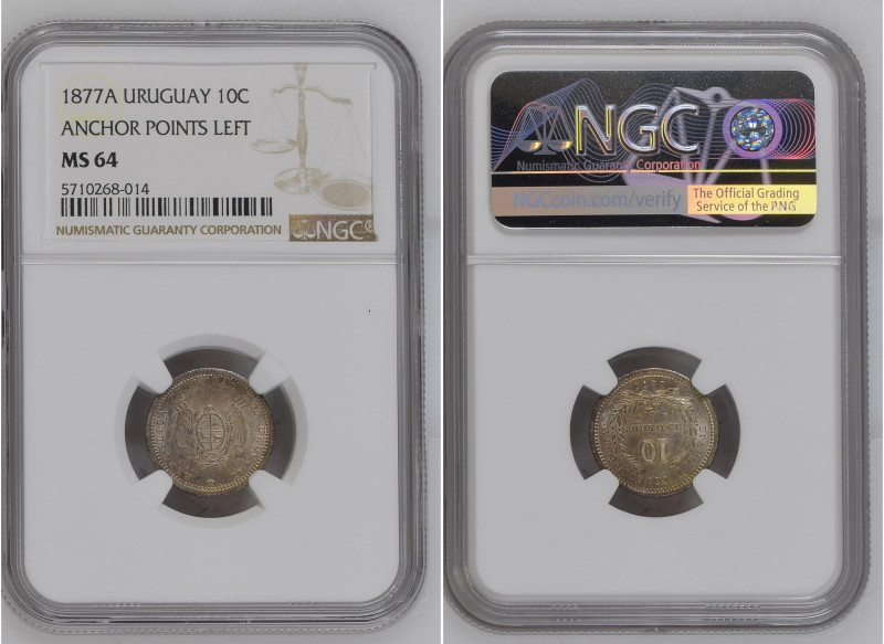 Uruguay 1877A 10 Centesimos Anchor Points Left Graded MS 64 by NGC. Only 9 coins...