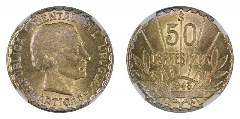 Uruguay 1943SO Ag 20 Centesimos (KM:31) NGC Graded MS 63, nice champagne toning