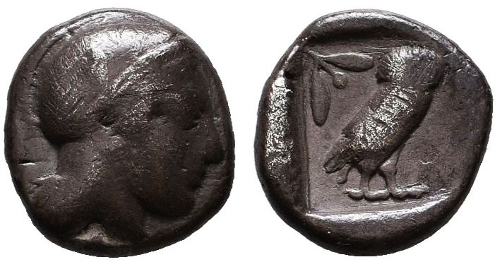 Attica, Athens AR Drachm. Circa 454-404 BC. Helmeted head of Athena right / Owl ...