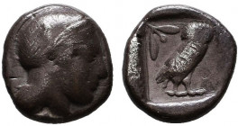 Attica, Athens AR Drachm. Circa 454-404 BC. Helmeted head of Athena right / Owl standing right, head facing; olive sprig and crescent behind; AQE in r...