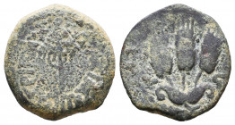 Judaea, Herodian Kingdom. Agrippa I. 37-44 C.E. AE prutah. Jerusalem mint, struck 41-42 C.E.

Weight: 2,9 gr
Diameter: 17,1 mm