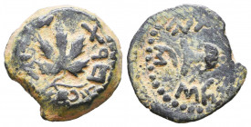 Judaea, The Jewish War. Æ Prutah, 66-70 CE. Jerusalem. Hendin 1360; TJC 196.

Weight: 3,1 gr
Diameter: 16,6 mm