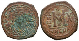 Mauricius Tiberius (582-602 AD). AE Follis, Theoupolis (Antiochia), 597-598 AD.

Weight: 10,5 gr
Diameter: 30,2 mm