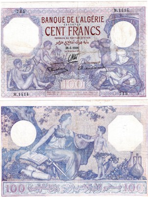 Algeria, 100 Francs, 1936, VF-XF, p81b, serial number: M.1414-715, RARE