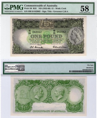Australia, 1 Pound, 1953, AUNC, QE II, PMG 58, p30, serial number: HB/16 042062