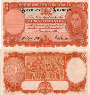 Australia, 10 Shillings, 1942, XF-AUNC, p25b, serial number: G/57 670872, sign: ...