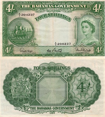Bahamas, 4 Shillings, 1953, VF, QE II, p13b, Serial Number: A/2 204237