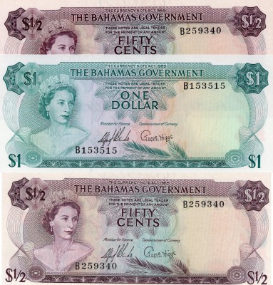 Bahamas, 50 Cents and 1 Dollar, (50 Cents, 1965, AUNC, QE II, p17a, Serial numbe...
