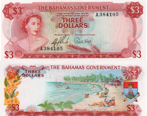 Bahamas, 3 Dollars, 1965, UNC, QE II, p19a, serial number: A 3841105, first pref...