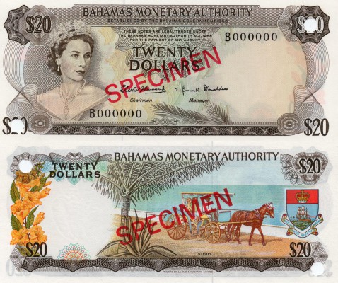 Bahamas, 20 Dollars, 1968, UNC, QE II, SPECİMEN, p31s, serial number: B000000