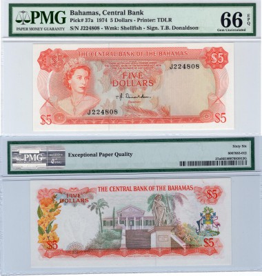 Bahamas, 5 Dollars, 1974, UNC, QE II, PMG 66, p37a, serial number: J224808