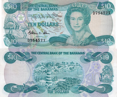 Bahamas, 10 Dollars, 1984, XF, QE II, p46a, serial number: D754577, sign: Willia...