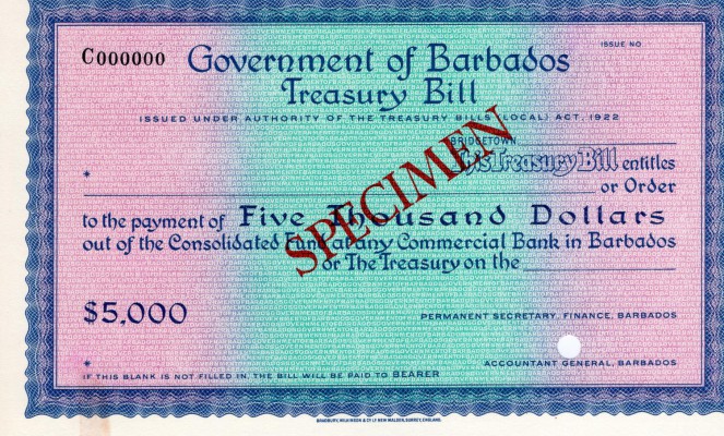 Barbados, 5.000 Dollars, AUNC-UNC, Act of 1922, SPECİMEN, no serial number, no s...