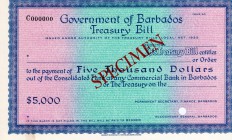 Barbados, 5.000 Dollars, AUNC-UNC, Act of 1922, SPECİMEN, no serial number, no signature, VERY RARE