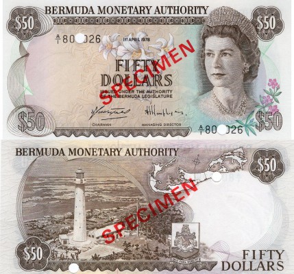 Bermuda, 50 Dollars, 1978, UNC, SPECİMEN, QE II, p32bs, Serial number: A/1 80?02...
