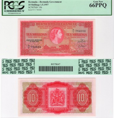 Bermuda, 10 Shillings, 1957, UNC, PCGS 66, p19b, serial number: T/1 784686