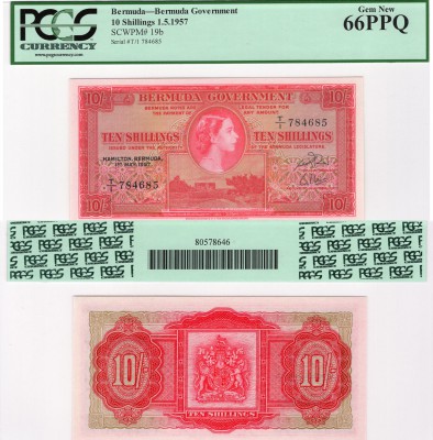 Bermuda, 10 Shillings, 1957, UNC, QE II, PCGS 66, p19b, serial number: T/1 78468...