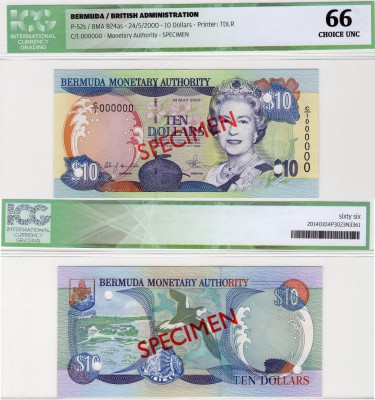 Bermuda, 10 Dollars, 2000, UNC, QE II, ICG 66, p52s, SPECİMEN, serial number: C/...