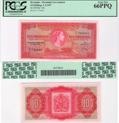 Bermuda, 10 Shillings, 1957, UNC, QE II, PCGS 66, p19b, serial number: T/1 78468...