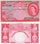 British Caribbean, 1 Dollar, 1958, AUNC-UNC, QE II, p7c, Serial Number: B3 751240