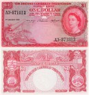 British Caribbean, 1 Dollar, 1958, AUNC, QE II, p7c, Serial number: A3 871813