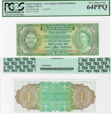 British Honduras, 1 Dollar, 1970, UNC, QE II, PCGS 64, p28c, serial number: G/5 ...