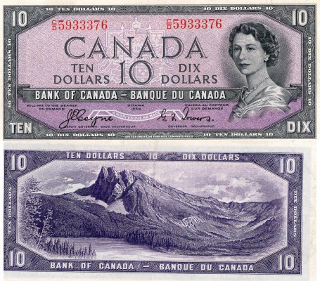 Canada, 10 Dollars, 1954, AUNC, QE II, p69a, Serial Number: C/D 5933376 (Devil's...