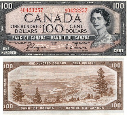 Canada, 100 Dollars, 1954, AUNC, QE II, p72a, Serial Number: A/J 0423257 (Devil'...
