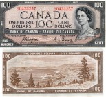 Canada, 100 Dollars, 1954, AUNC, QE II, p72a, Serial Number: A/J 0423257 (Devil's Face)