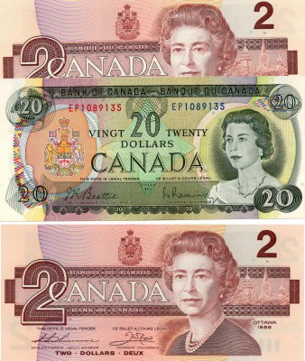 Canada 2 Dollars and 20 Dollars, (2 Dollars, 1986, UNC, QE II, p94b, serial numb...