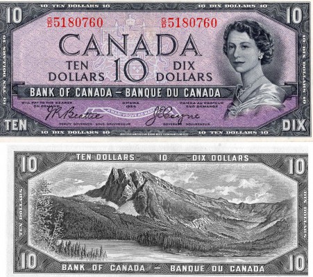 Canada, 10 Dollars, 1954, AUNC-UNC, QE II, p69b, Serial Number: G/D 5180760, DAV...