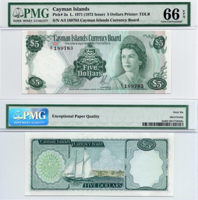 Cayman Islands, 5 Dollars, 1972, UNC, QE II, PMG 66, p2a, serial number: A/1 189...