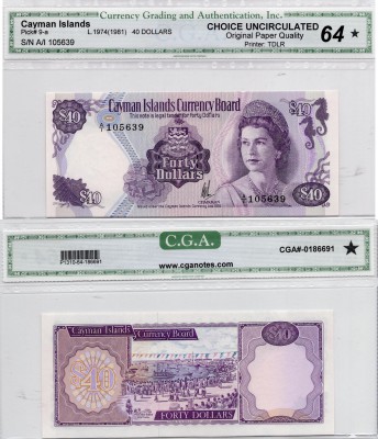 Cayman Islands, 40 Dollars, UNC, QE II, CGA 64, p9a, serial number: A/1 105639, ...