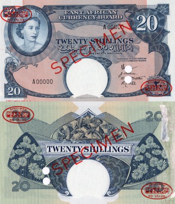 East African, 20 Shillings, 1958, UNC, QE II, p39, serial number: A 00000, SPECİ...