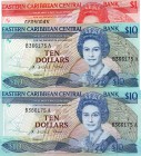 Eastern Caribbean, 1 Dollar and 10 Dollars, (1 Dollars, 1985, UNC, QE II, p17v, St. Vincent Island, Serial Number: C605004V), (10 Dollars, 1988, UNC, ...
