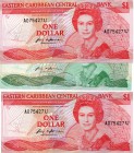 Eastern Caribbean, 1 Dollar and 5 Dollars, (1 Dollar, 1988, UNC, QE II, p21u, serial number: A075427U, Anguilla Island), (5 Dollars, 1985, UNC, QE II,...