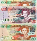 Eastern Caribbean, 20 Dollars and 50 Dollars, (20 Dollars, 2003, UNC, QE II, p44a, serial number: L659058A, Antigua Island), (50 Dollars, 2003, UNC, Q...