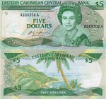 Eastern Caribbean, 5 Dollars, 1985, UNC, QE II, p18a, serial number: A889306A, Antigua Island