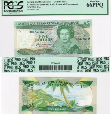 Eastern Caribbean, 5 Dollars, 1986, UNC, PCGS 66, QE II, p18m, serial number: A0...
