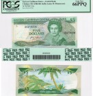Eastern Caribbean, 5 Dollars, 1986, UNC, PCGS 66, QE II, p18m, serial number: A047369M, Montserrat Island