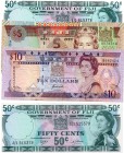 Fiji, 50 Cents, 5 Dollars and 10 Dollars, (50 Cents, 1969, UNC, QE II, p58, Serial Number: A/1 515378), (5 Dollars, 1995, UNC, QE II, p97, Serial Numb...